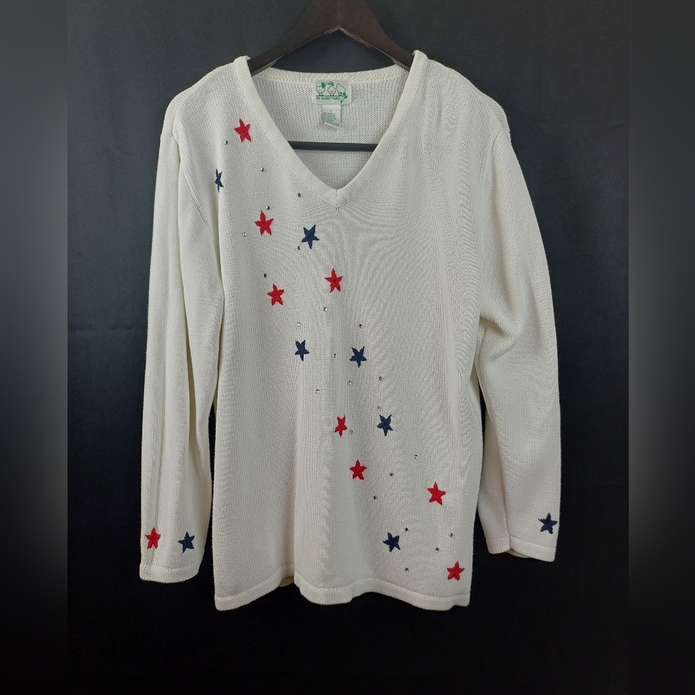 Quacker Factory Americana Stars Tunic Sweater White Long Sleeve Large A42447